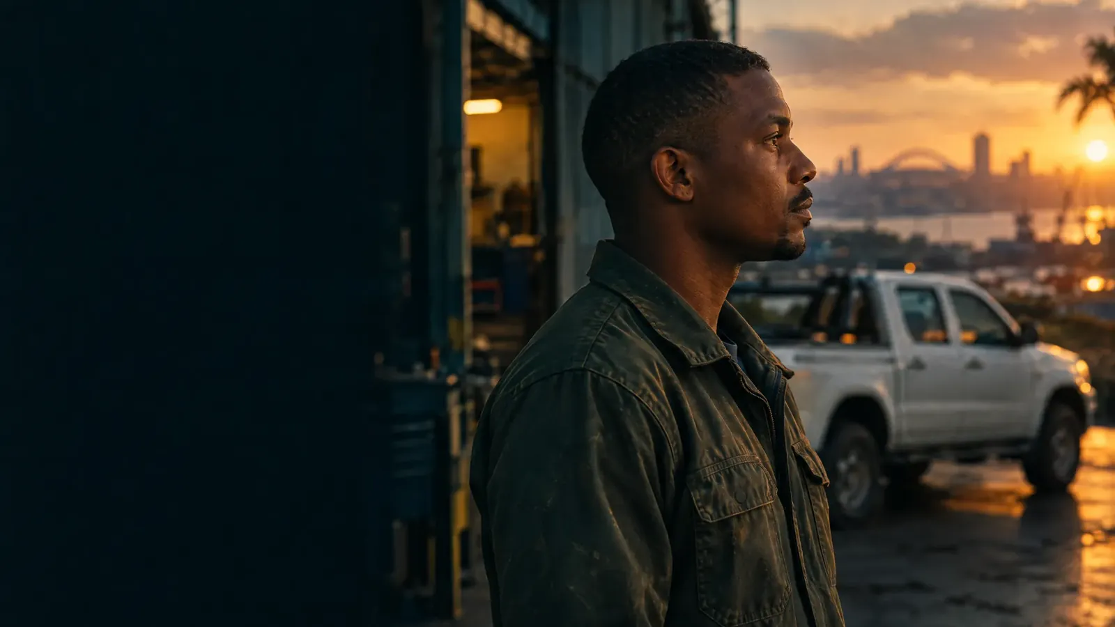 A business owner standing in the doorway of his workshop at sunset, his white bakkie parked outside