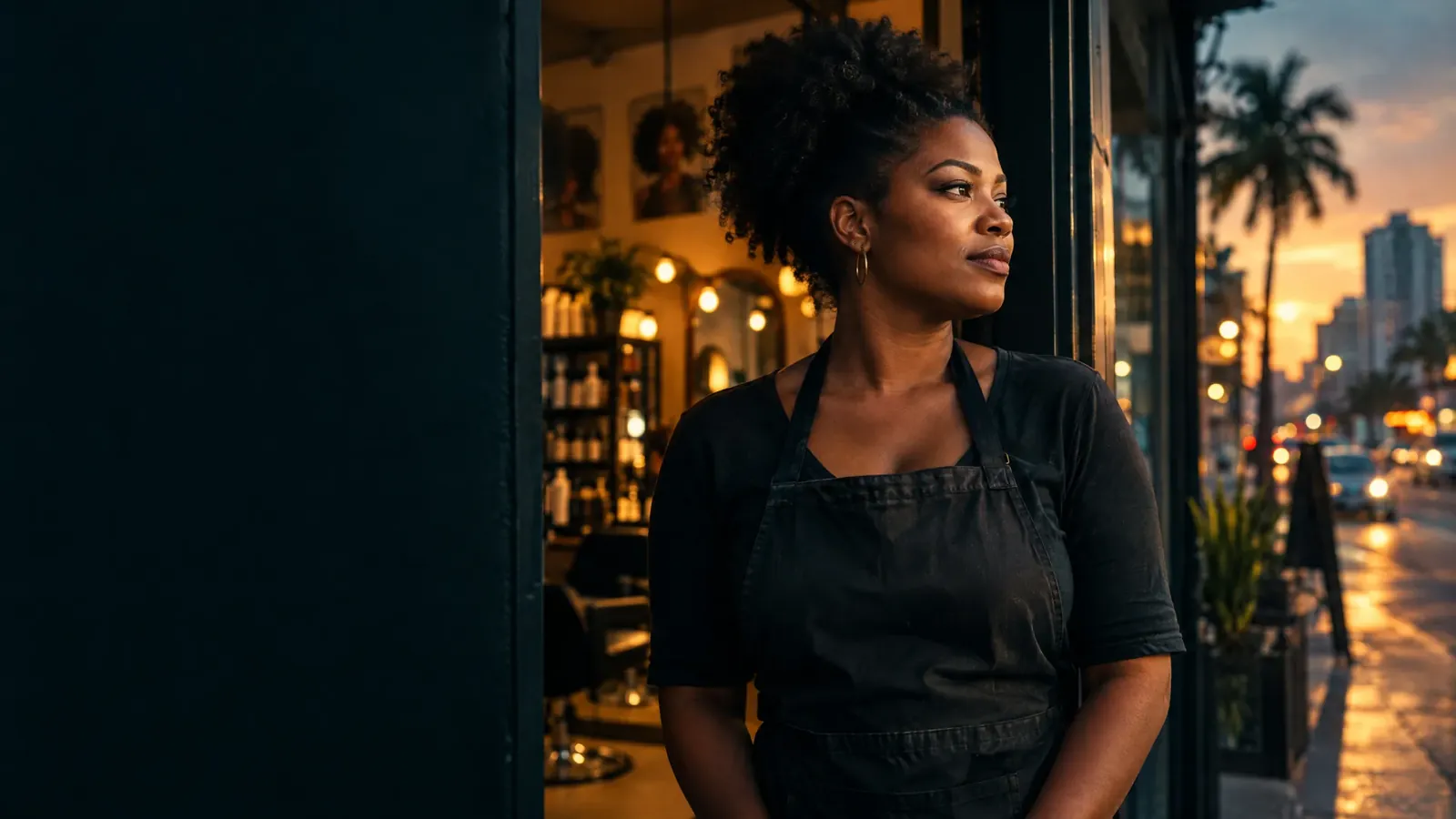 A salon owner standing in her shop doorway at dusk, looking out at the street